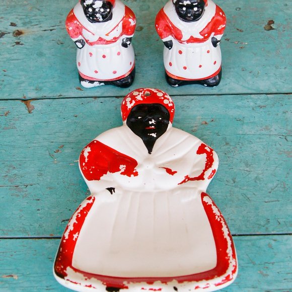 Vintage Porcelain Early Americana Salt & Pepper and Spoon Rest Rare - Picture 3 of 11